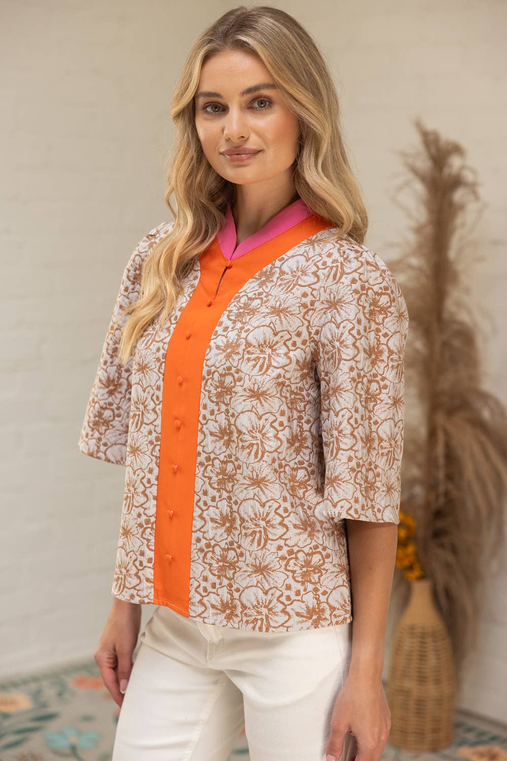 36271 Color Block Placket Floral Jacquard Top