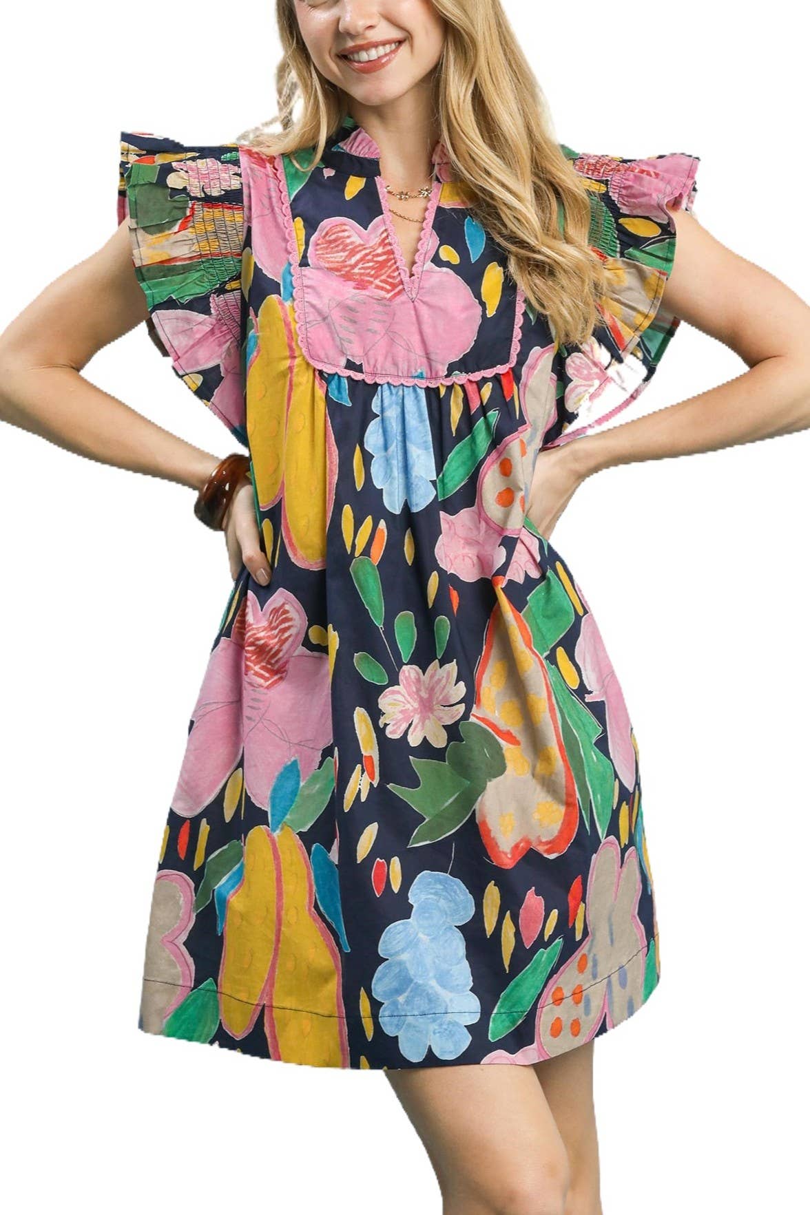 Abstract Floral Ruffle Sleeve Dress