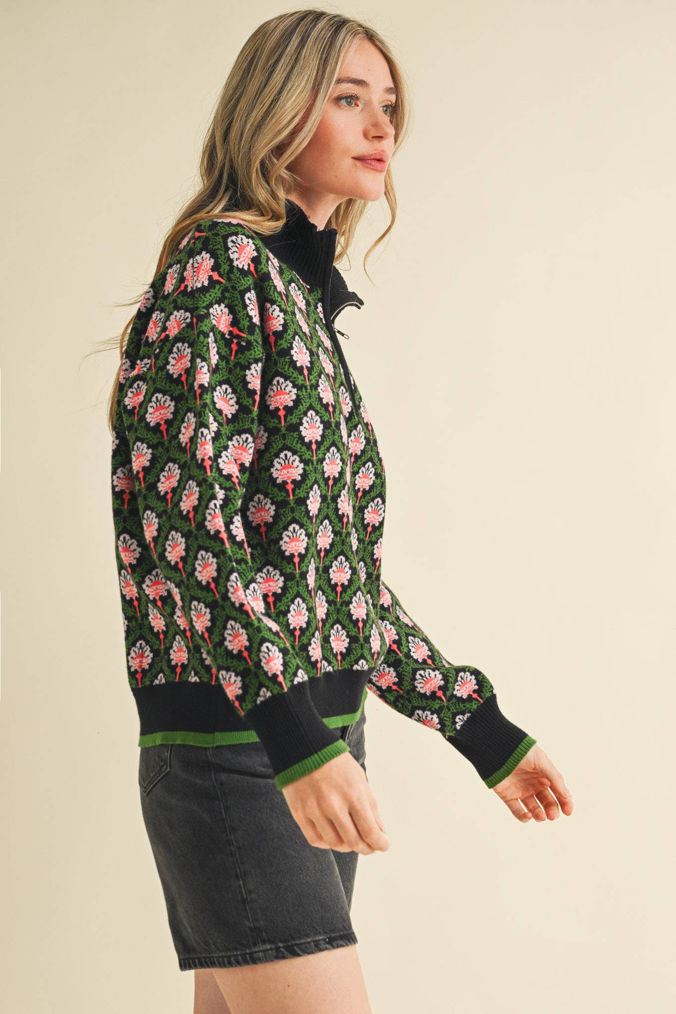 FLORAL MOCK NECK HALF ZIP PULLOVER MSW10829