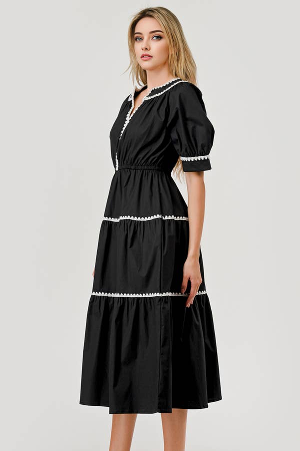  Pippa Short Sleeve Poplin Embroidered Midi Dress Black