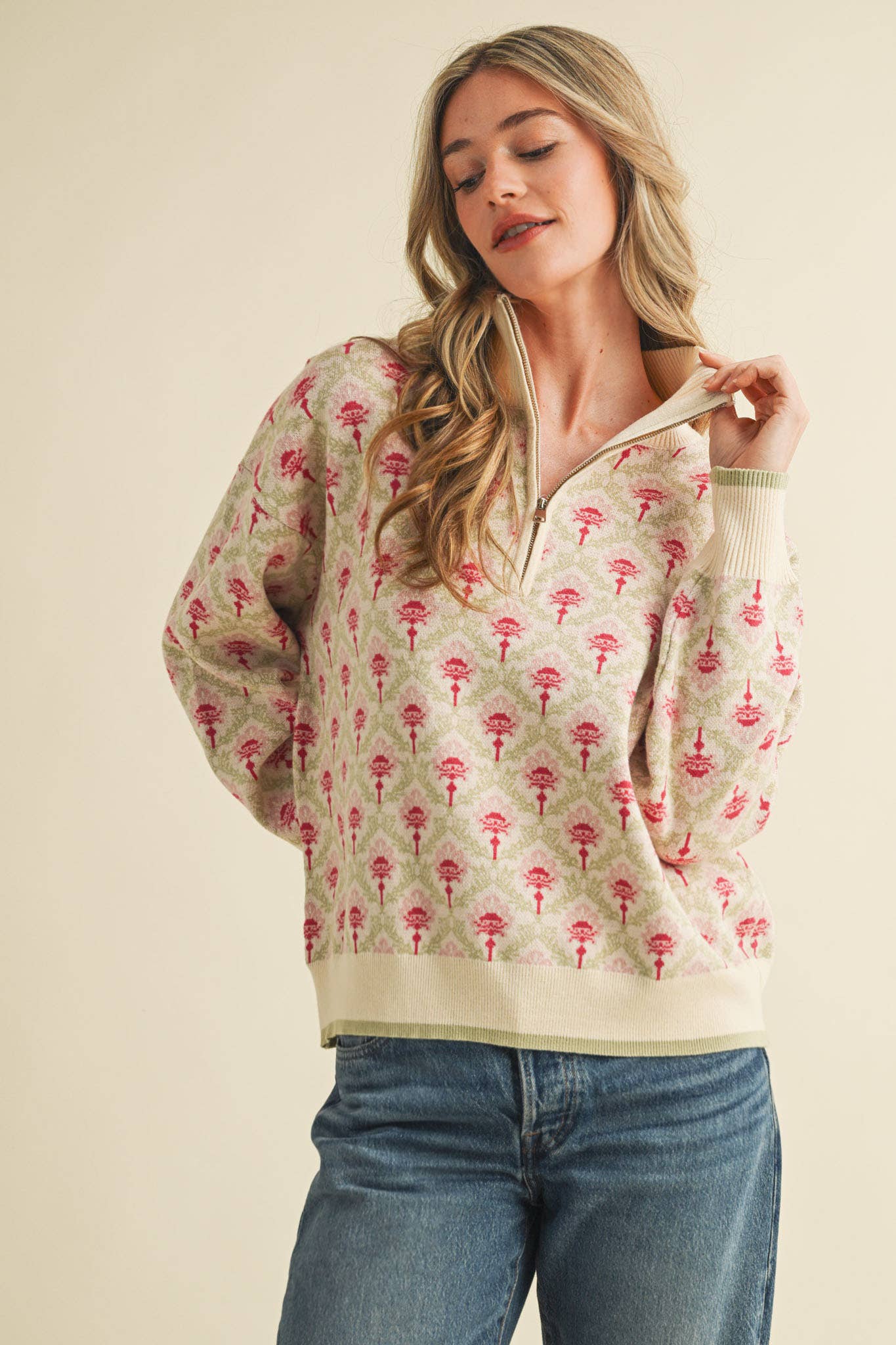 FLORAL MOCK NECK HALF ZIP PULLOVER MSW10829