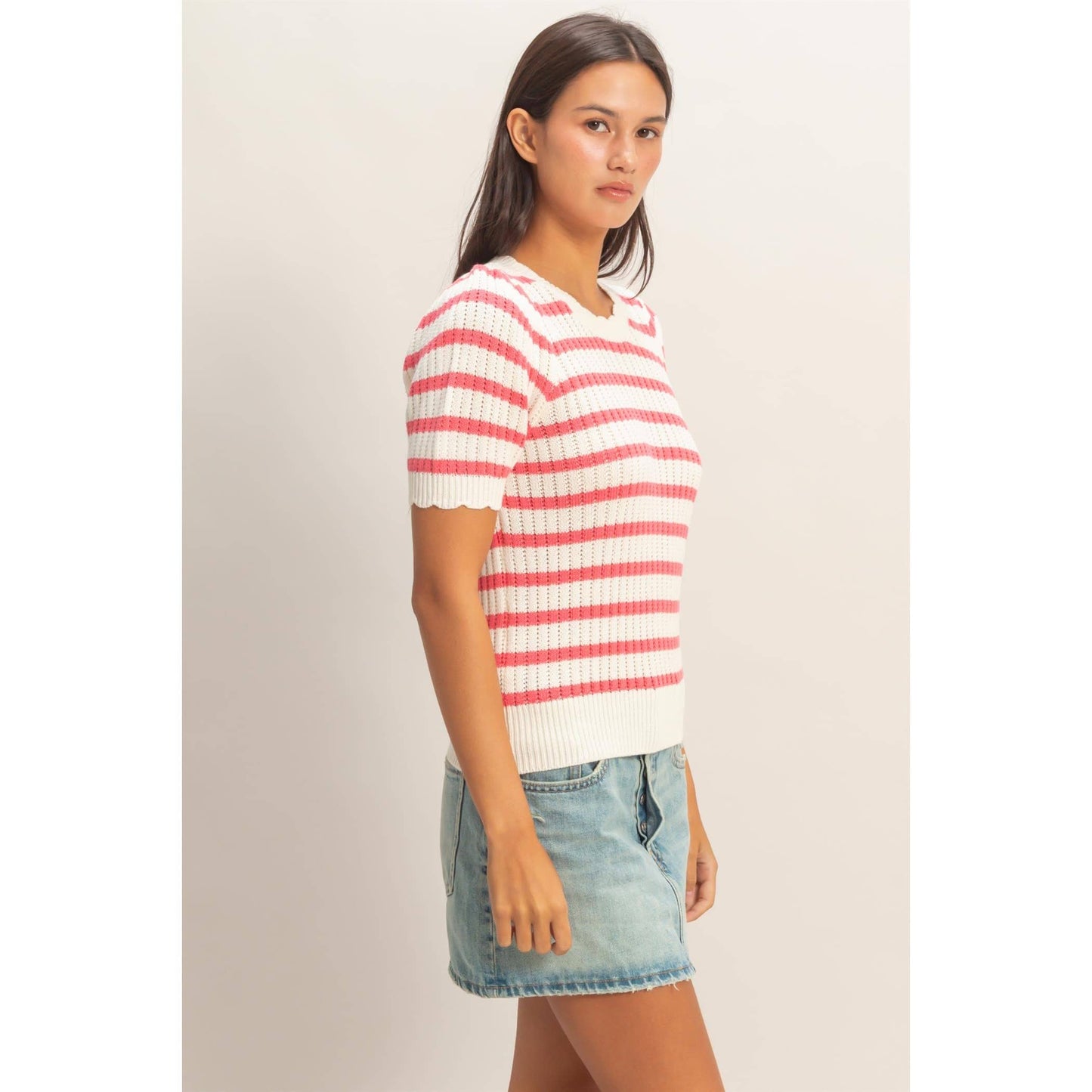 Striped Scallop Edge Puff Sleeve Knit Top