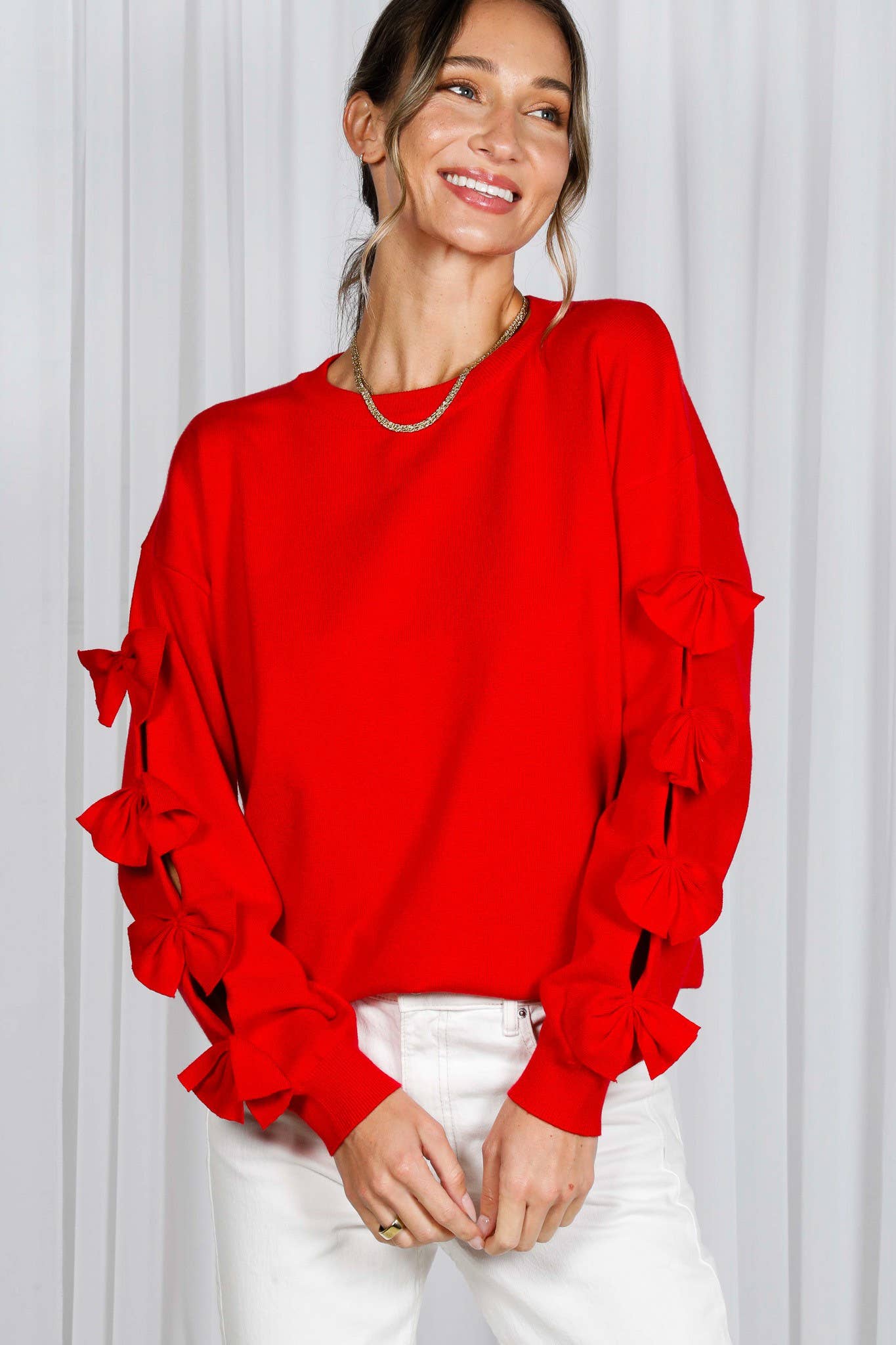 Bow Embellished Long-Sleeve Crew Neck Knit Sweater VT82605-