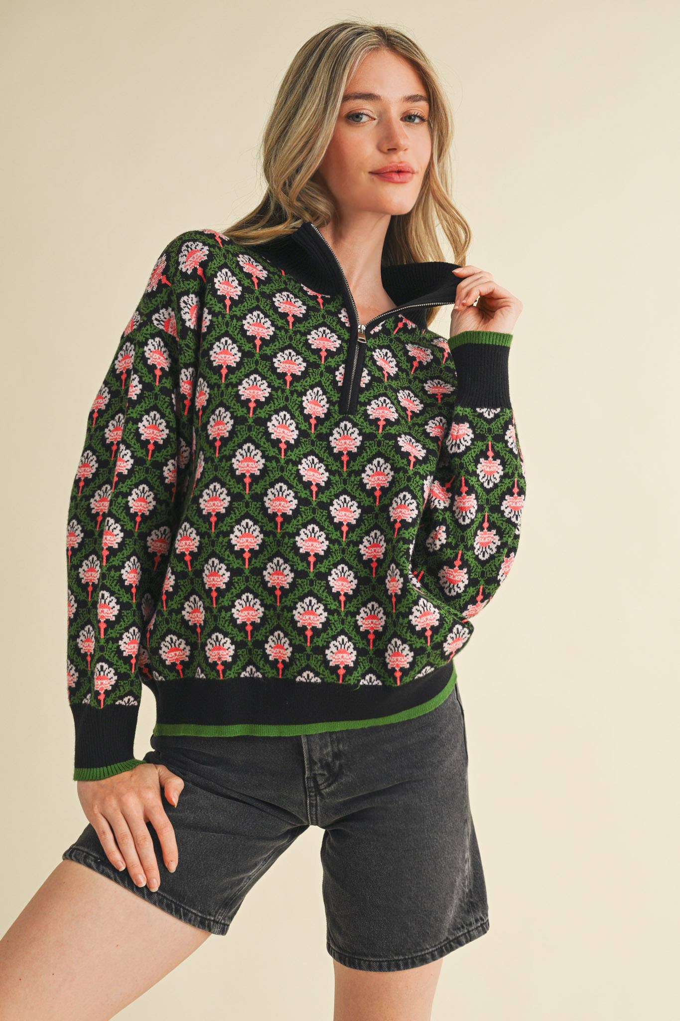 FLORAL MOCK NECK HALF ZIP PULLOVER MSW10829