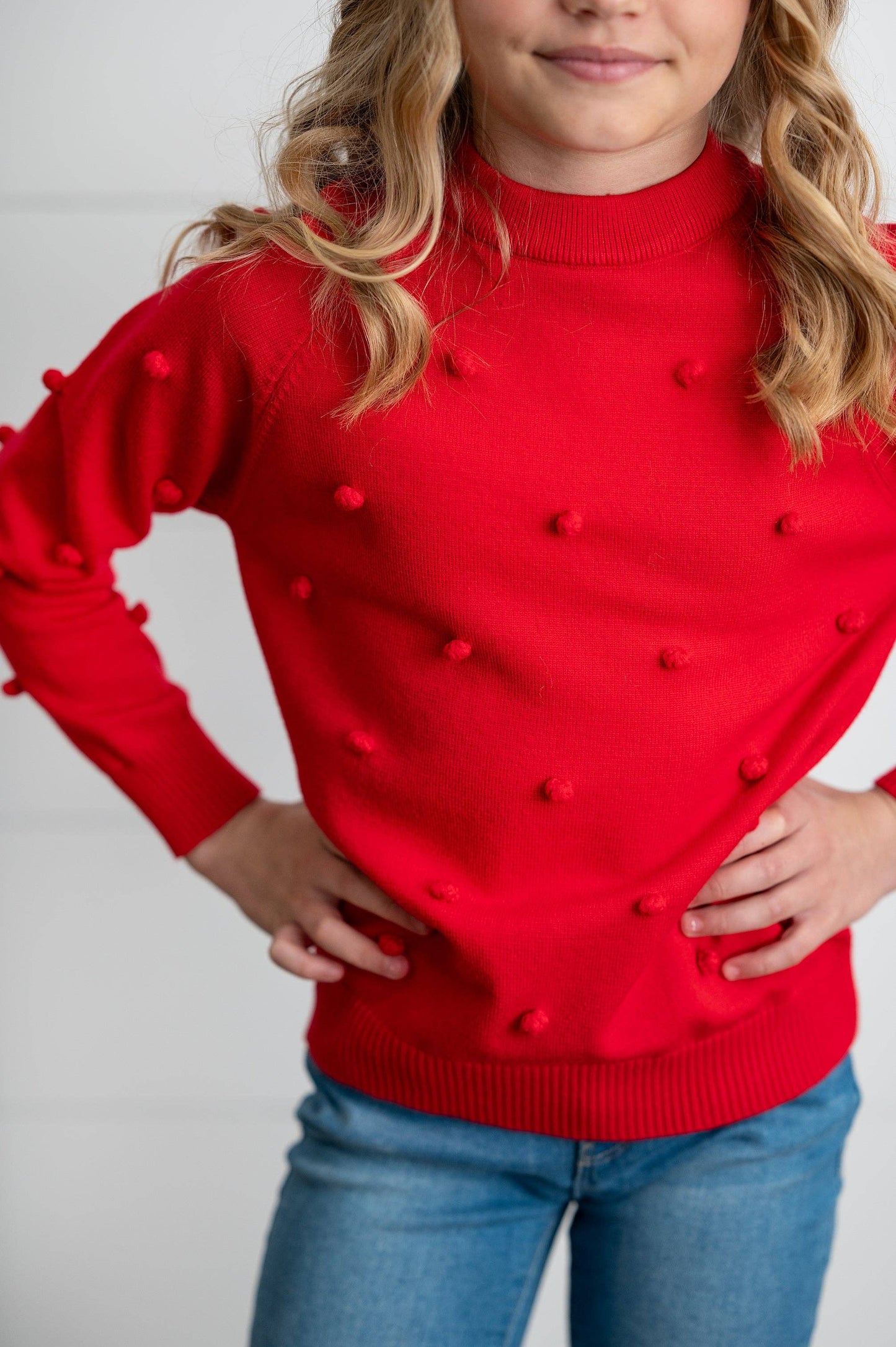 Kids Red Pom Pom Fall Winter Holiday Crew Neck Sweater