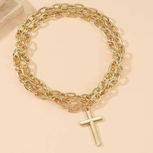 PUFFY CROSS CHUNKY CHAIN STATEMENT TOGGLE NECKLACE | 40NK966