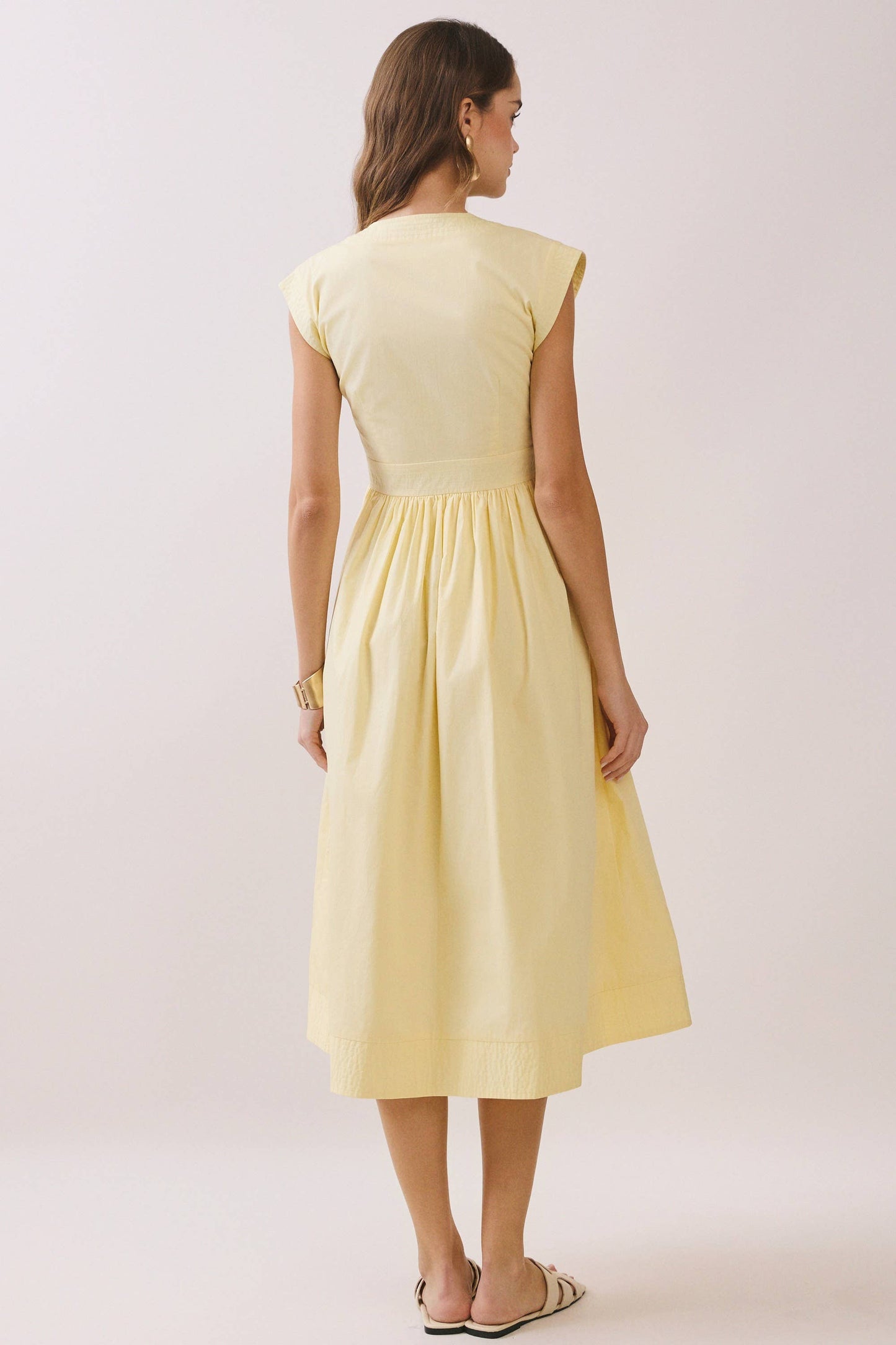 CD06812-Cap Sleeve V Neck Midi Dress with Front Zipper