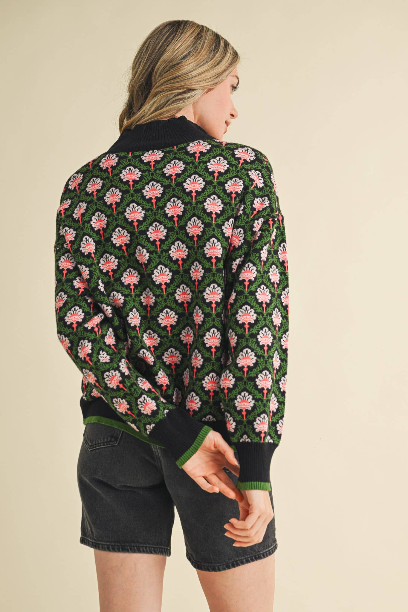 FLORAL MOCK NECK HALF ZIP PULLOVER MSW10829