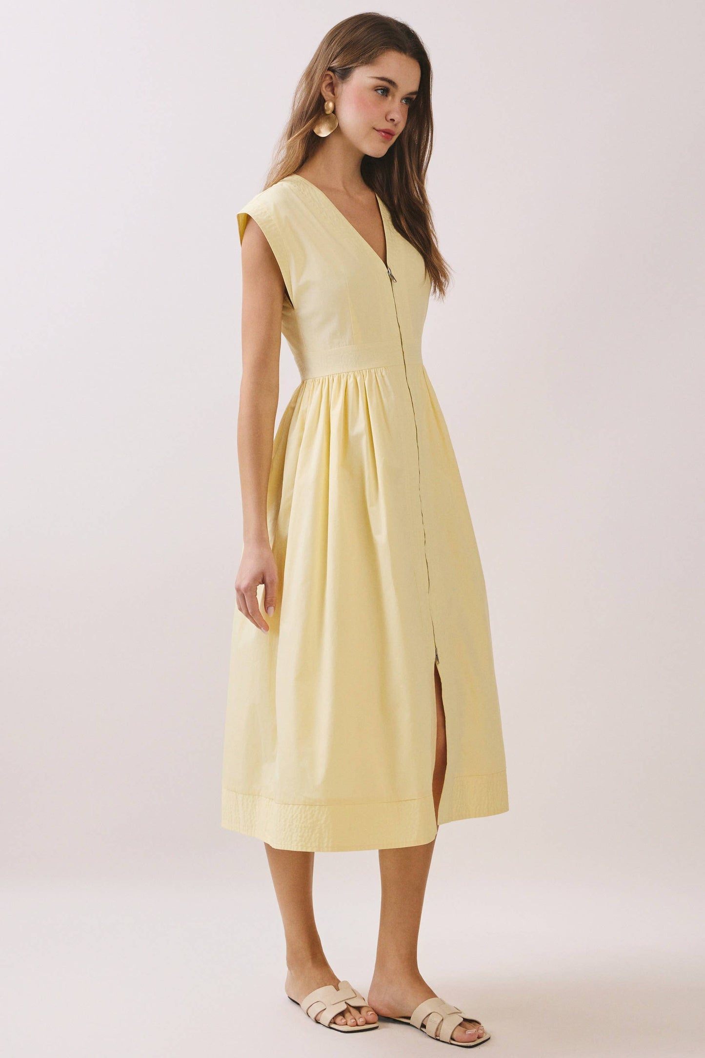 CD06812-Cap Sleeve V Neck Midi Dress with Front Zipper