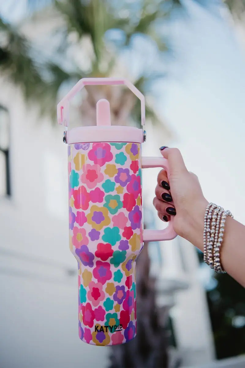 Groovy Multicolored Flowers Tumbler with Straw