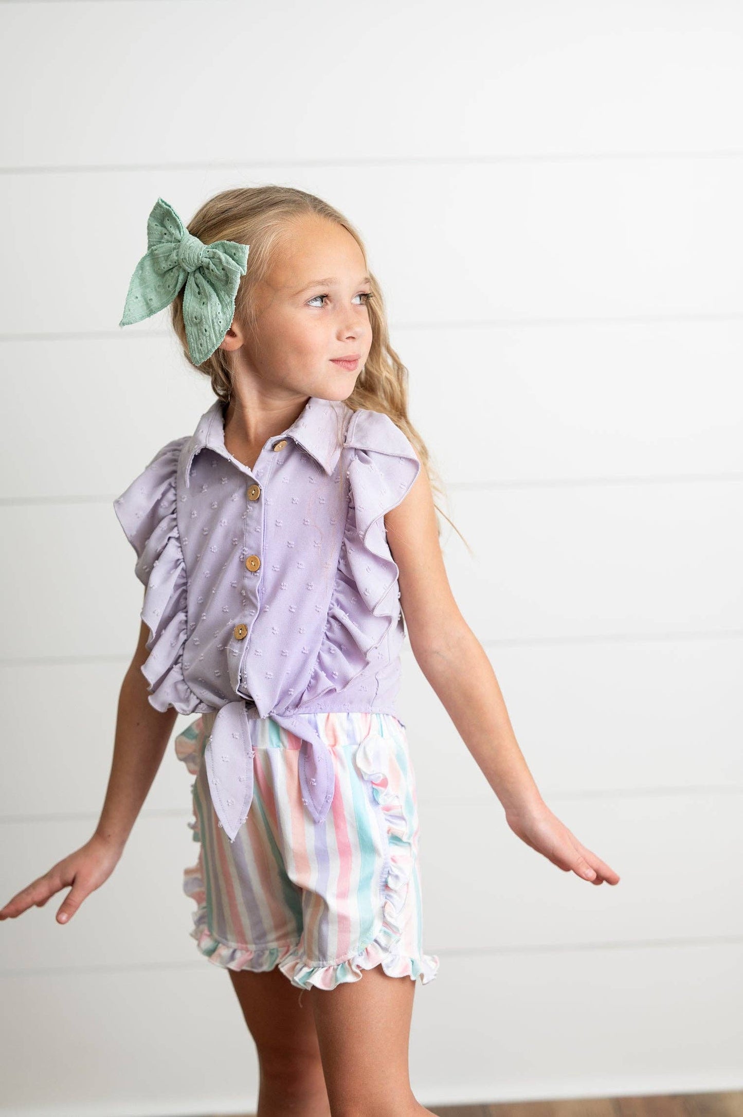 Kids Lavender Ruffle Top & Pastel Stripe Spring Short Set