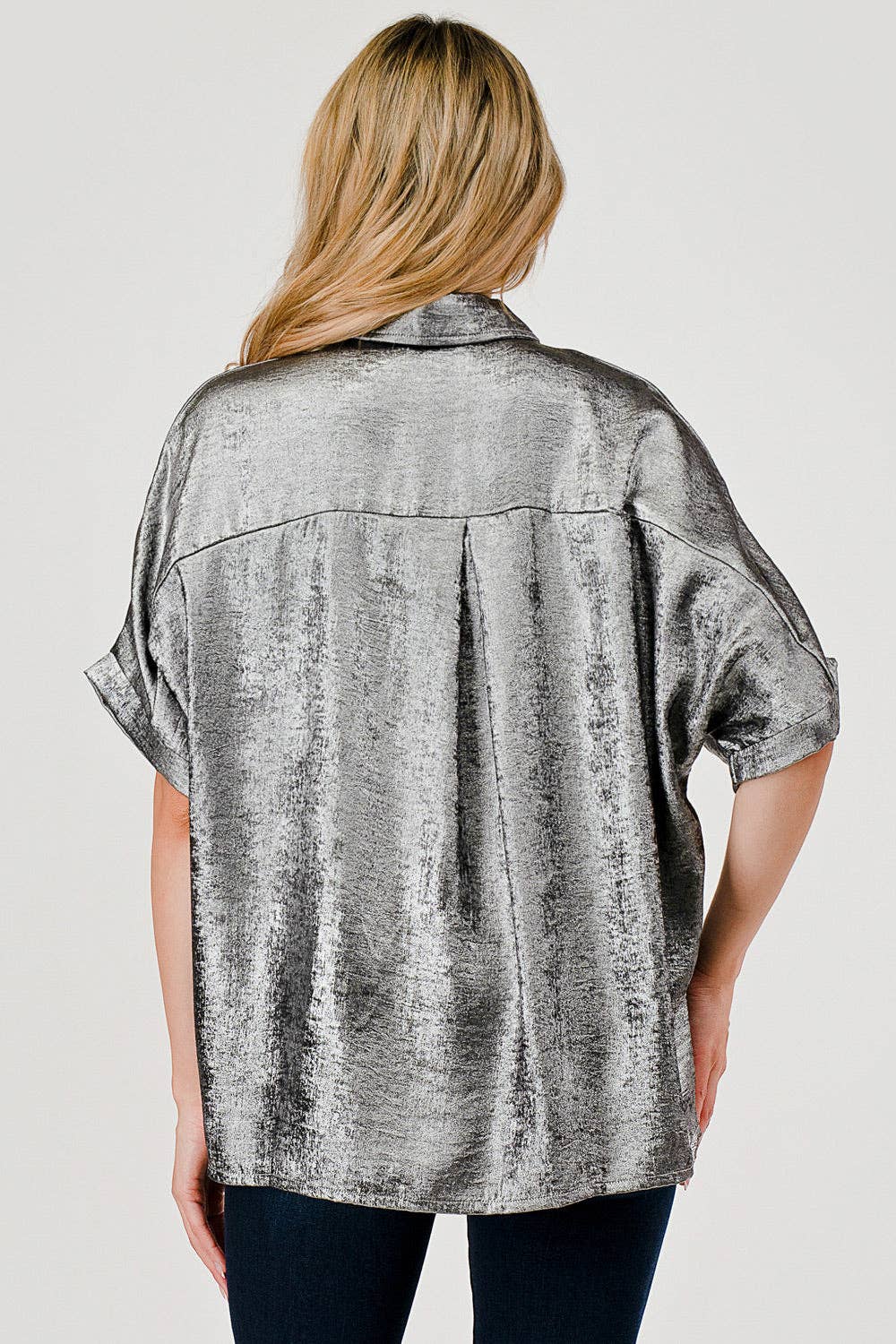Sonya Shimmer Metallic Foil Button Down Top Pewter
