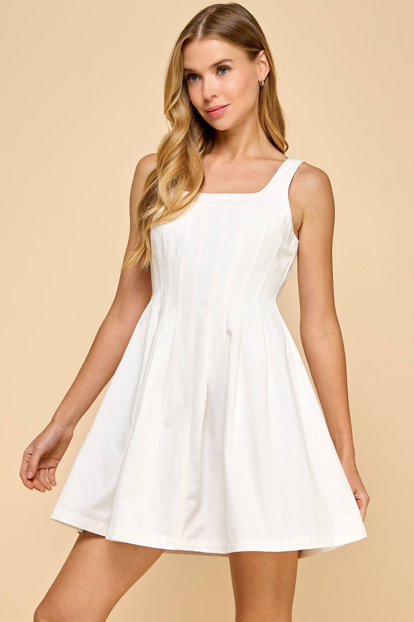 CD05719-Fit and Flare Pleated Detail Sleeveless Dress