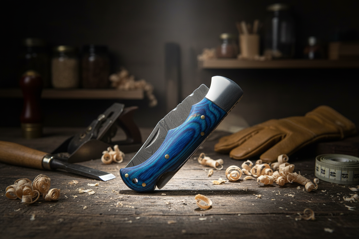 Handcrafted Damascus Steel Folding Pocket Knife with Blue