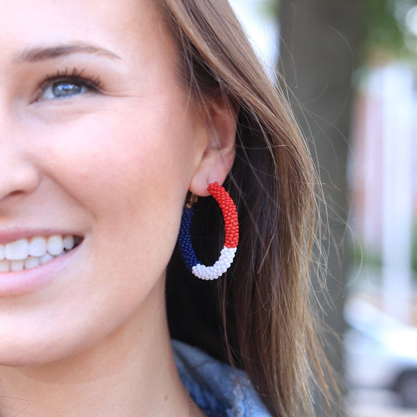 Red White Blue Beaded Patriotic Color Block Hoop Earrings