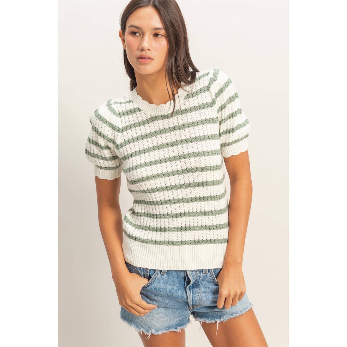 Striped Scallop Edge Puff Sleeve Knit Top