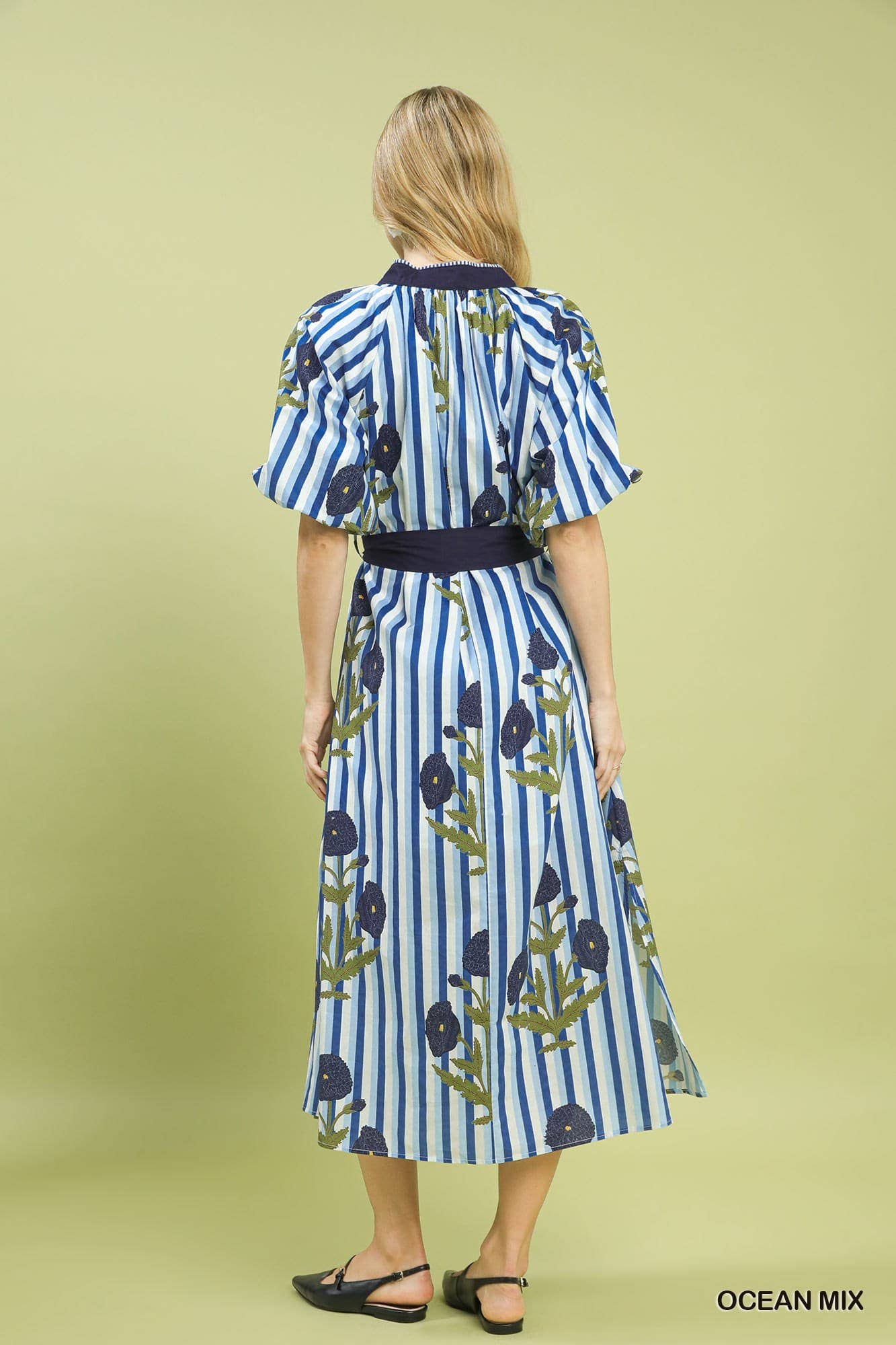 Striped Floral Maxi Dress With Waist Tie