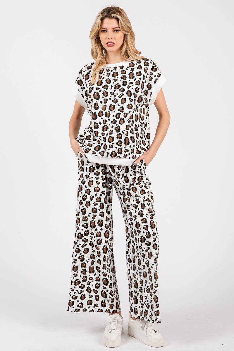 LEOPARD PRINT SCUBA TOP AND PANTS SETS