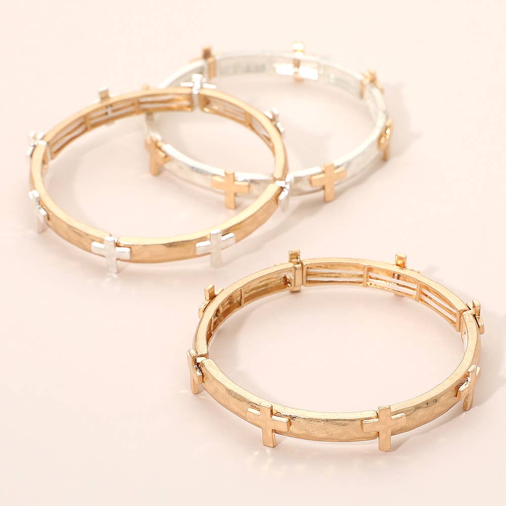 Hammered Brushed Metal Cross Accent Stretch Bracelet