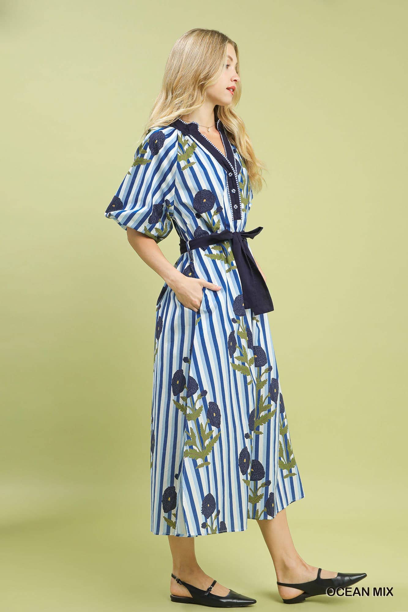 Striped Floral Maxi Dress With Waist Tie