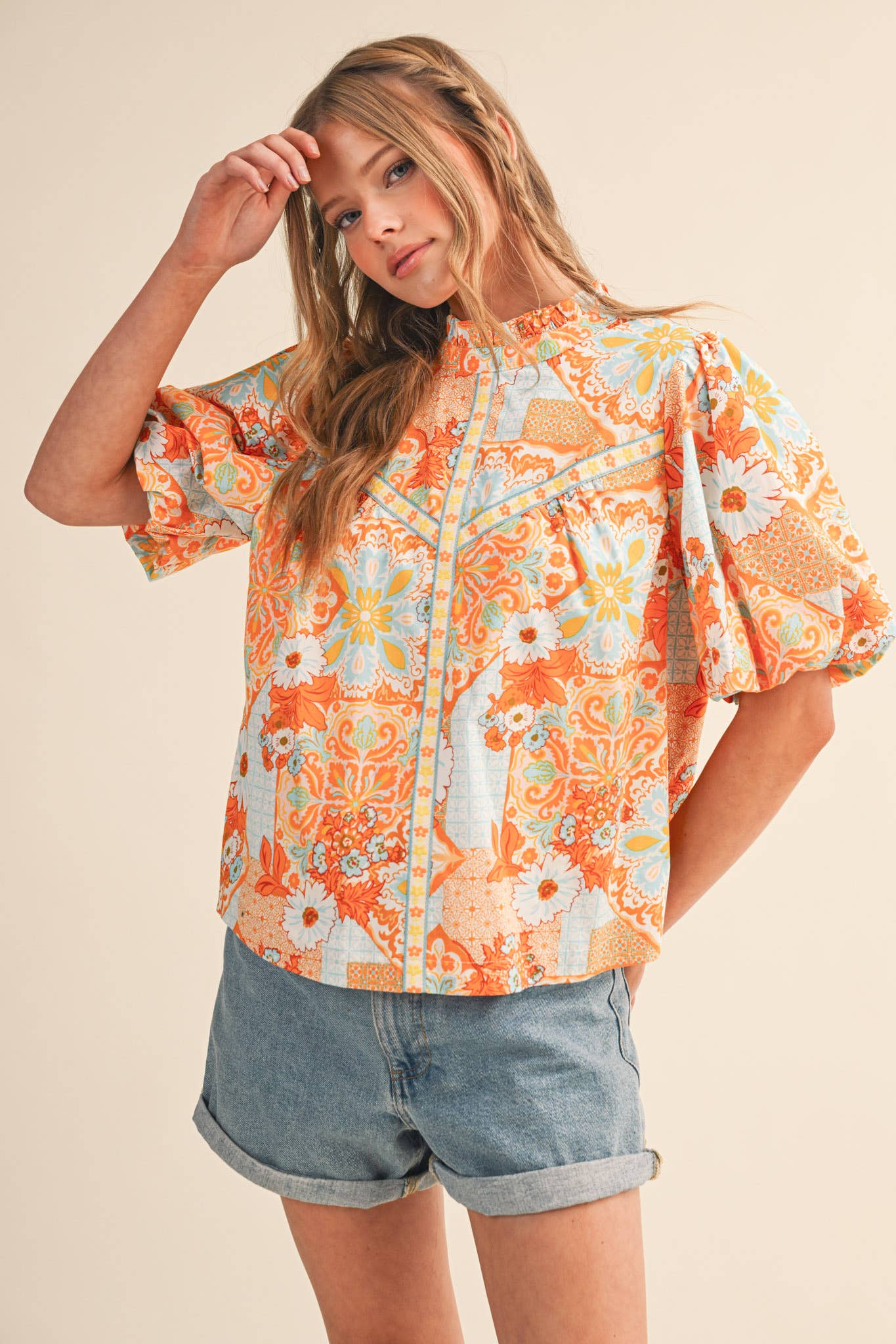 EXCLUSIVE FLORAL PRINT EMBROIDERY TRIM TOP MTP4610