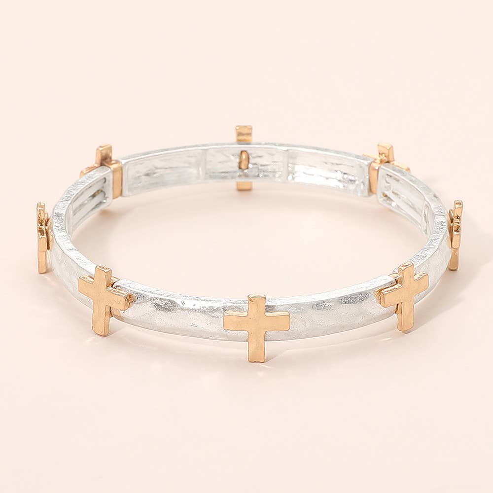 Hammered Brushed Metal Cross Accent Stretch Bracelet