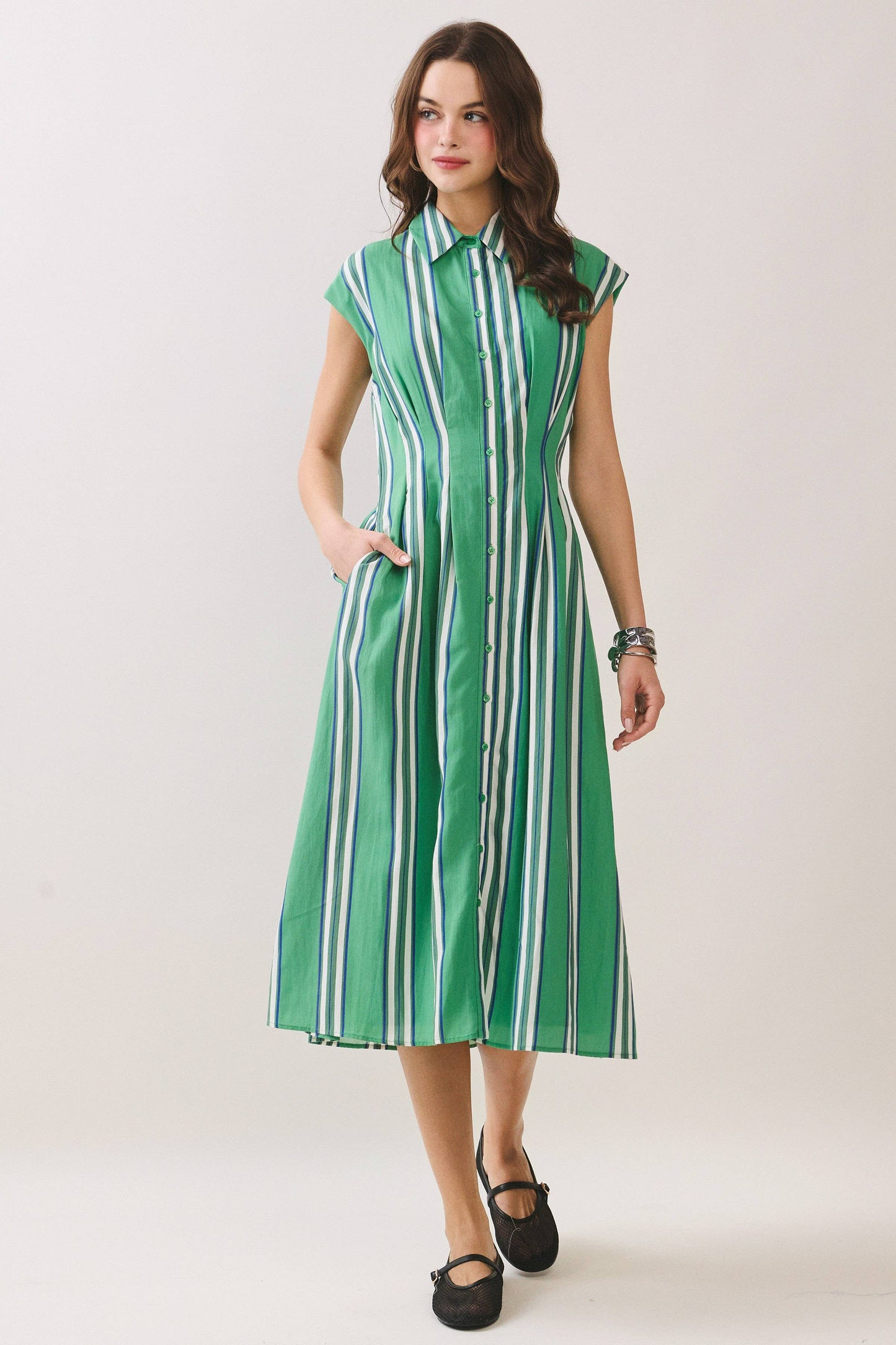 CD06694-Fitted Bodice Striped Button Down Midi Dress