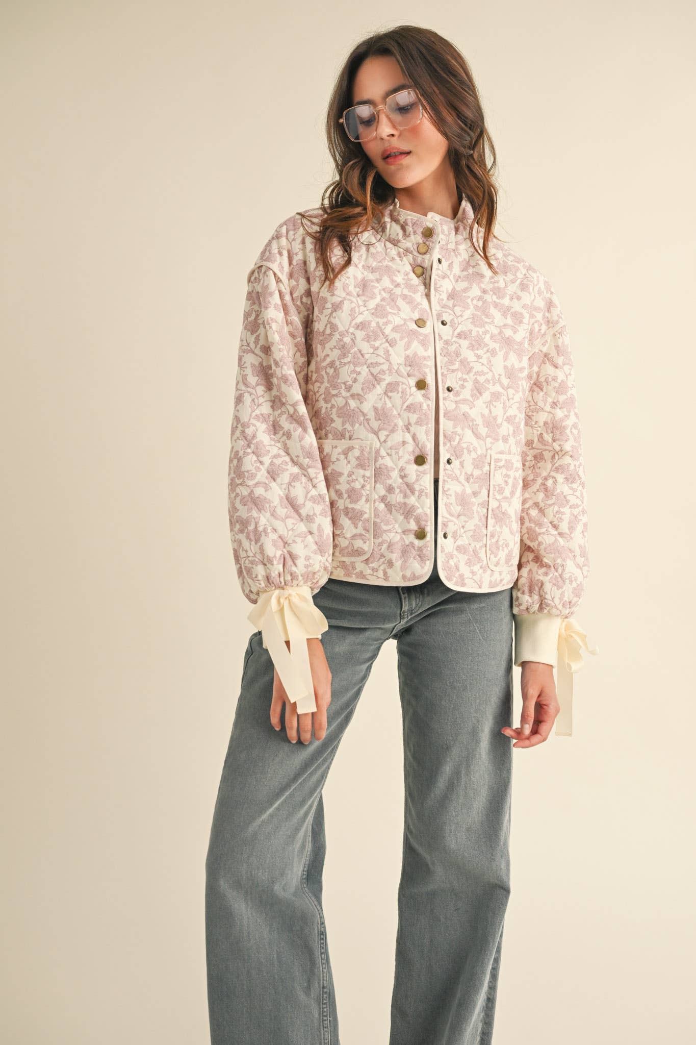 FLORAL QUILTED JACKET WITH RIBBON DETAIL MJK3622
