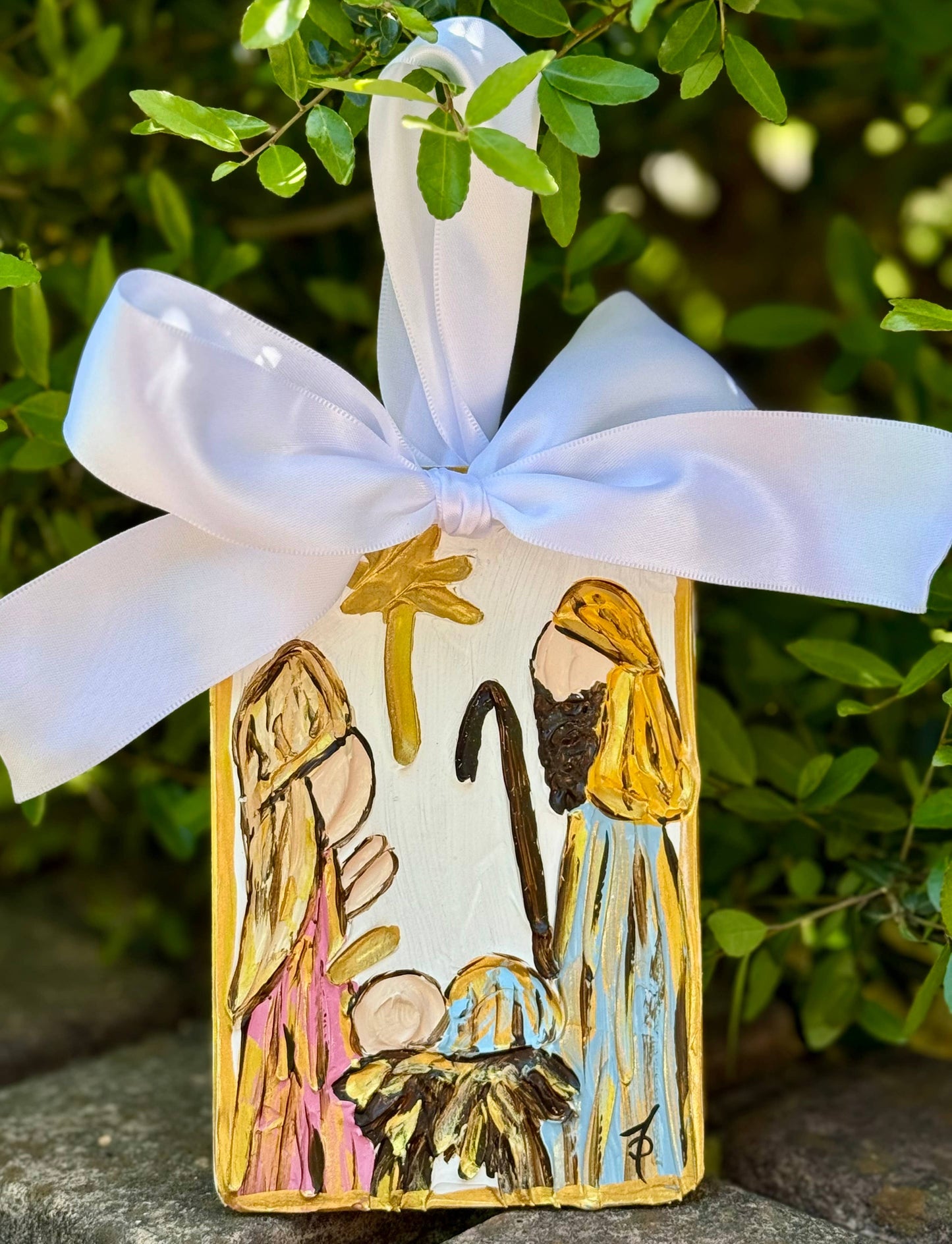 Nativity hand painted ornament with satin bow