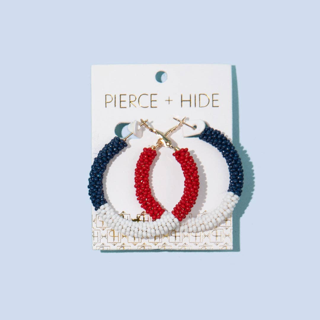 Red White Blue Beaded Patriotic Color Block Hoop Earrings