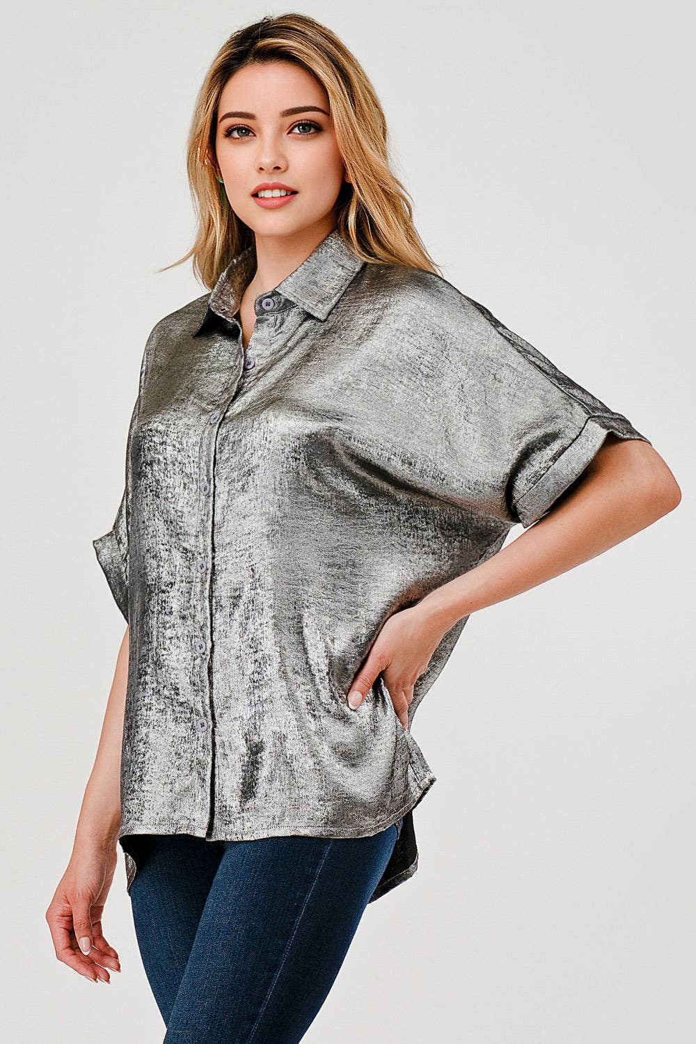 Sonya Shimmer Metallic Foil Button Down Top Pewter