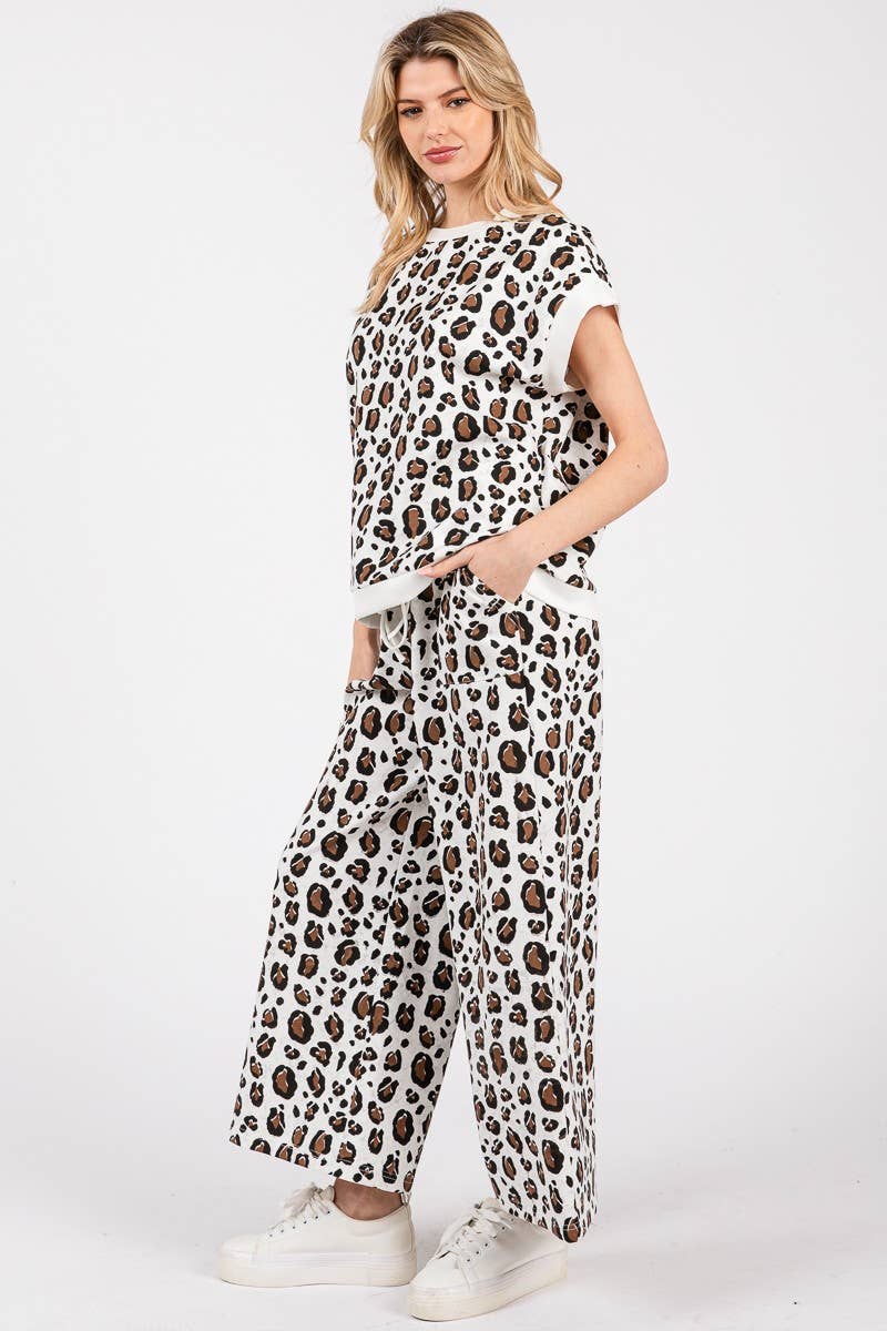 LEOPARD PRINT SCUBA TOP AND PANTS SETS