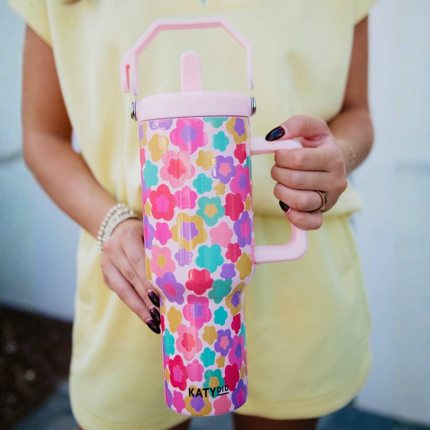 Groovy Multicolored Flowers Tumbler with Straw