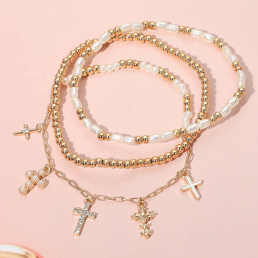 3PCS - Various Cross Charm Beaded Stretch Multi Bracelets