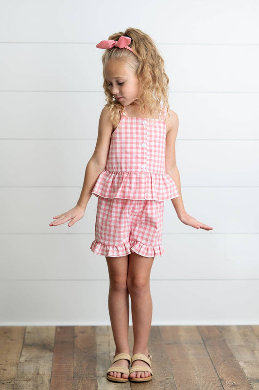 Kids Pink Check Gingham Ruffle Button Spring Short Set
