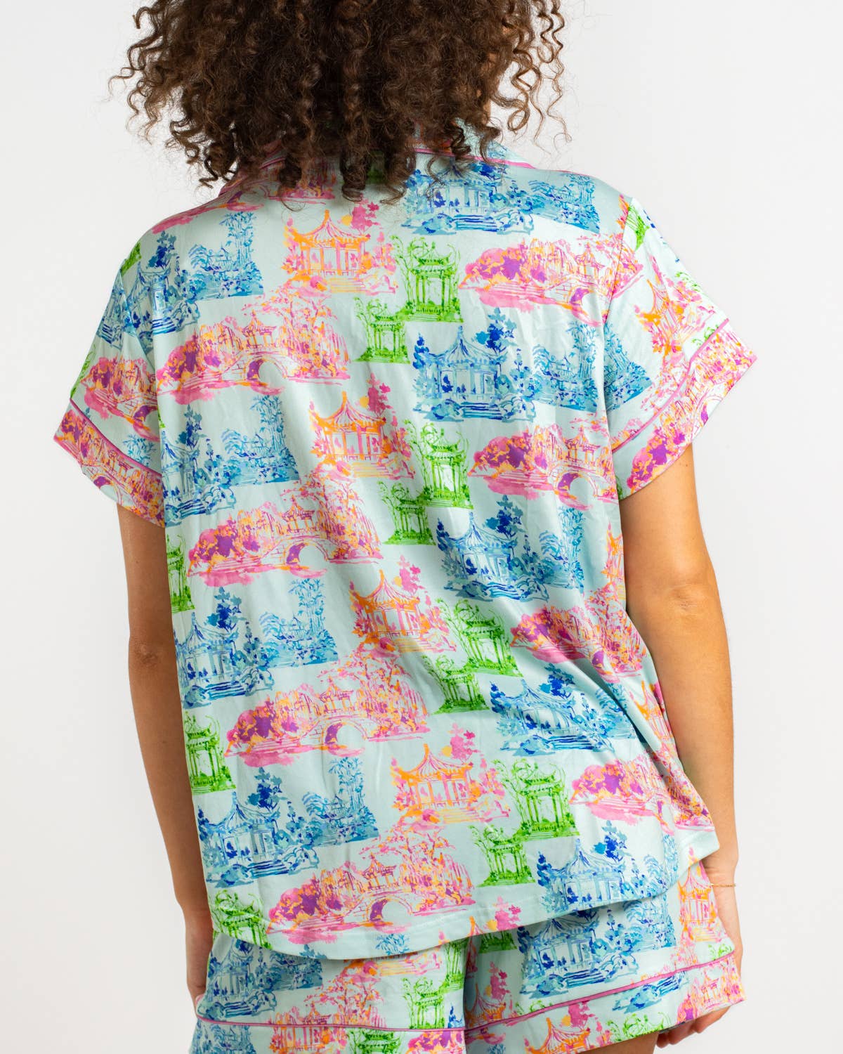 Maya Short Sleeve Button Up Sleep Shirt   Aqua/Multi   -Asst.
