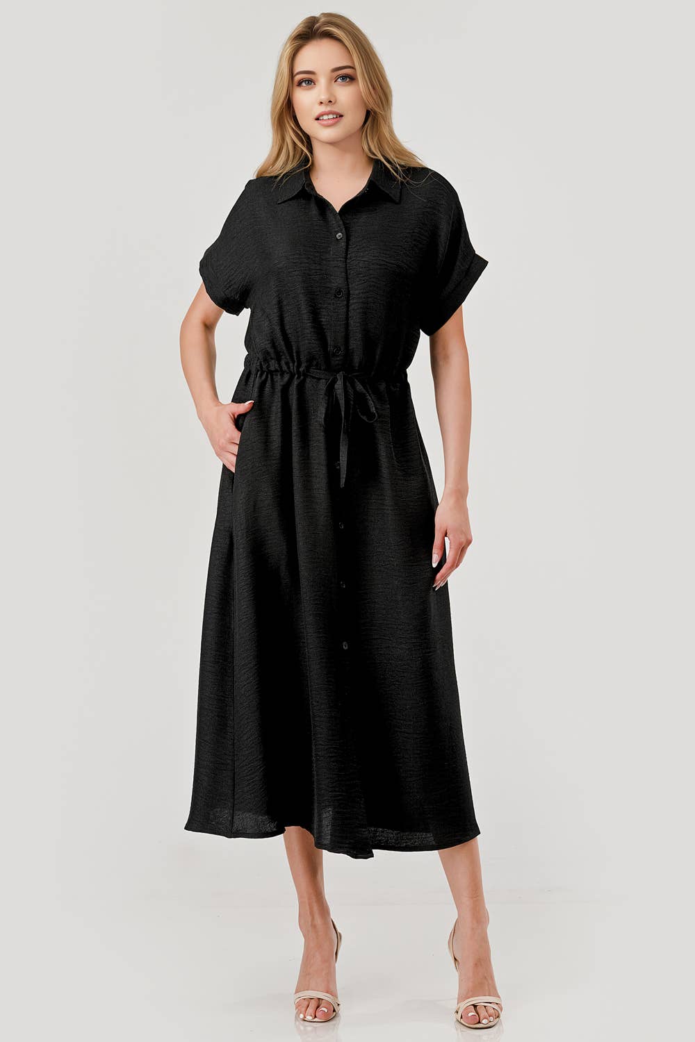 Sofia Drawstring Midi Game Day Dress Black Mbd 9751