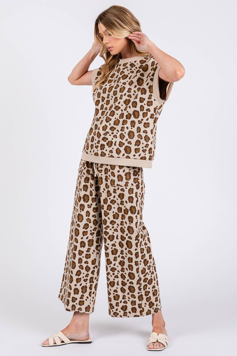 LEOPARD PRINT SCUBA TOP AND PANTS SETS