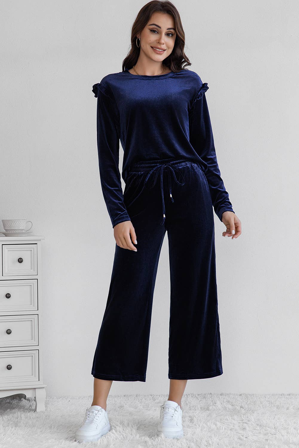 Solid Velvet Long Sleeve Top and High Waist Pants Set