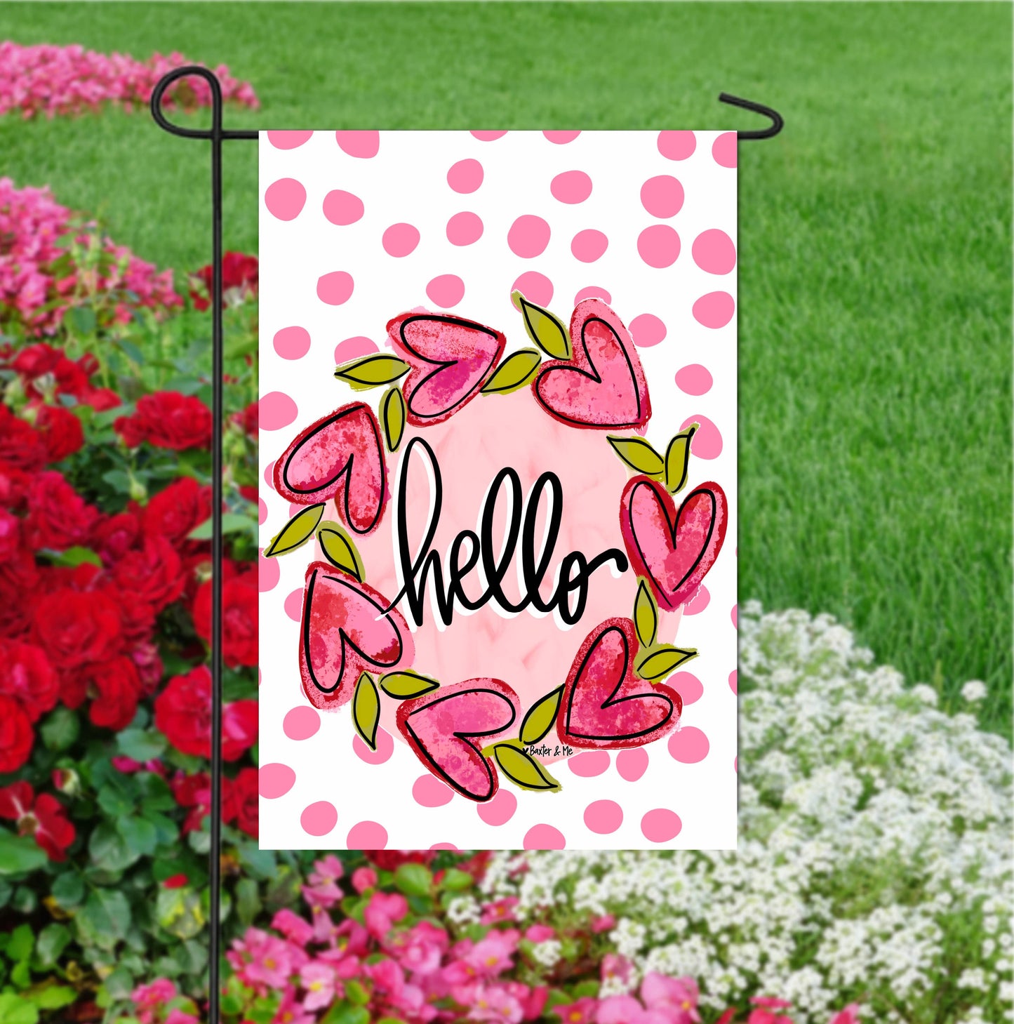 Hello Heart Vine Wreath Pink Dots Garden Flag