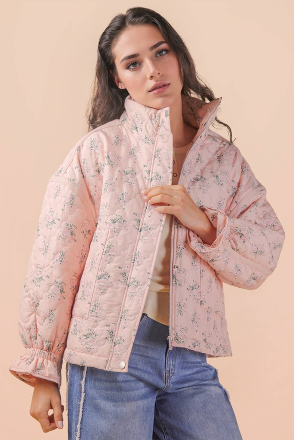 NJ90431-Floral Print Quilted Oversized Casual Jacket