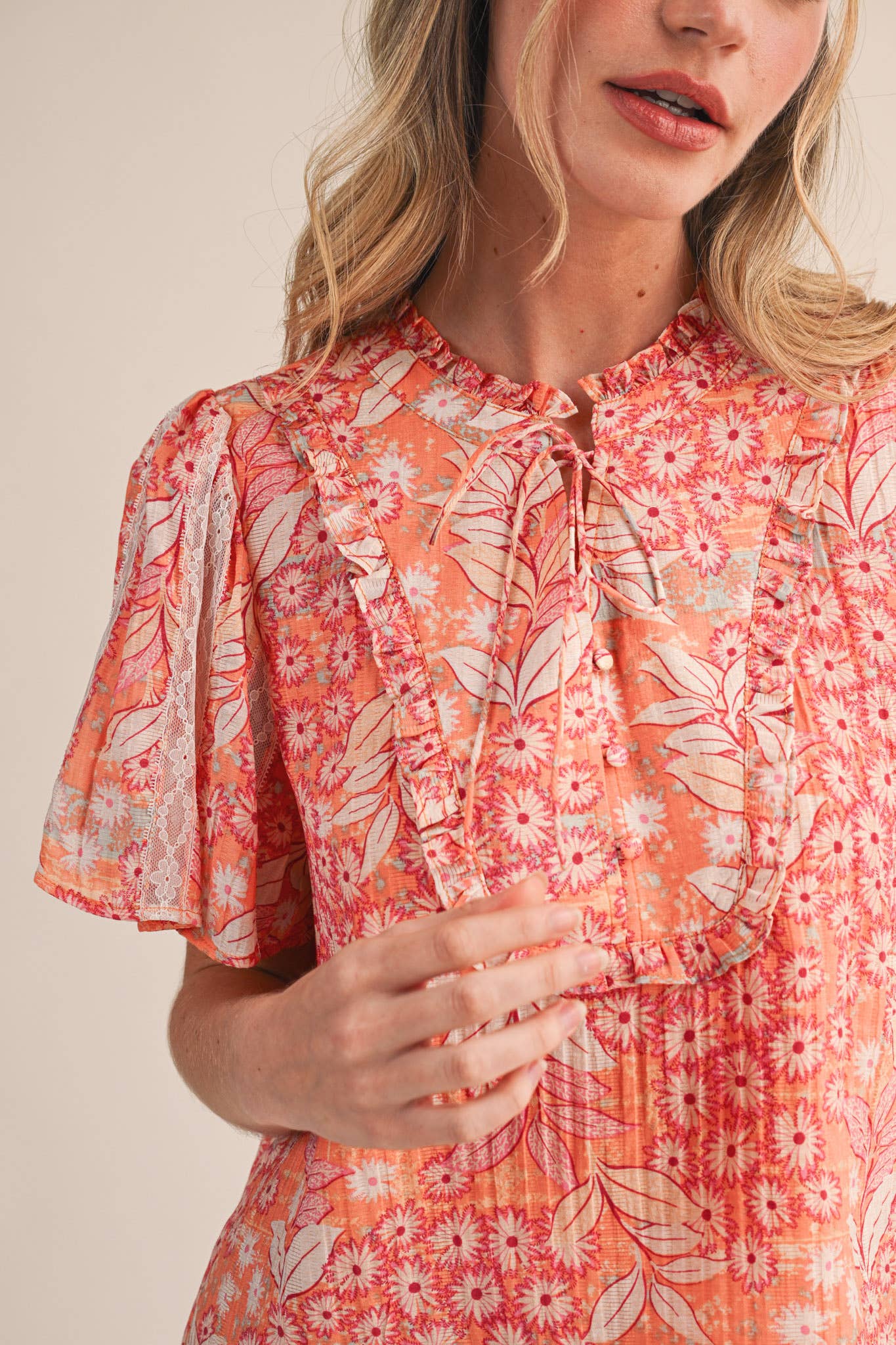 EXCLUSIVE FLORAL PRINT LACE TRIM TOP MTP4828