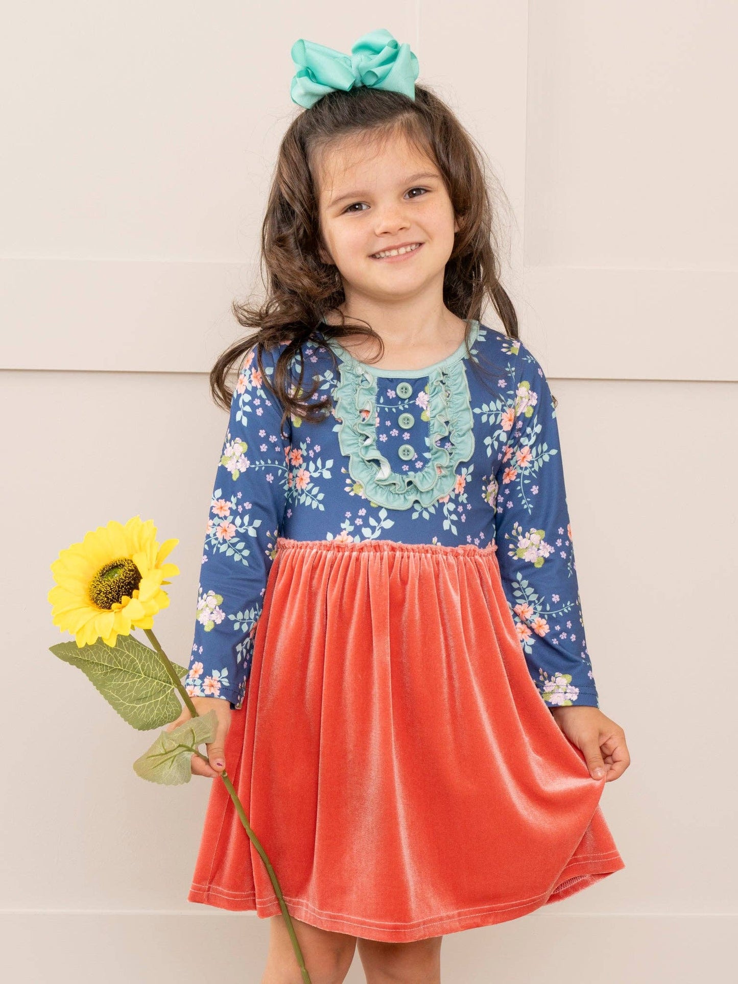 Rose Velvet & Blue Floral Ruffle Dress