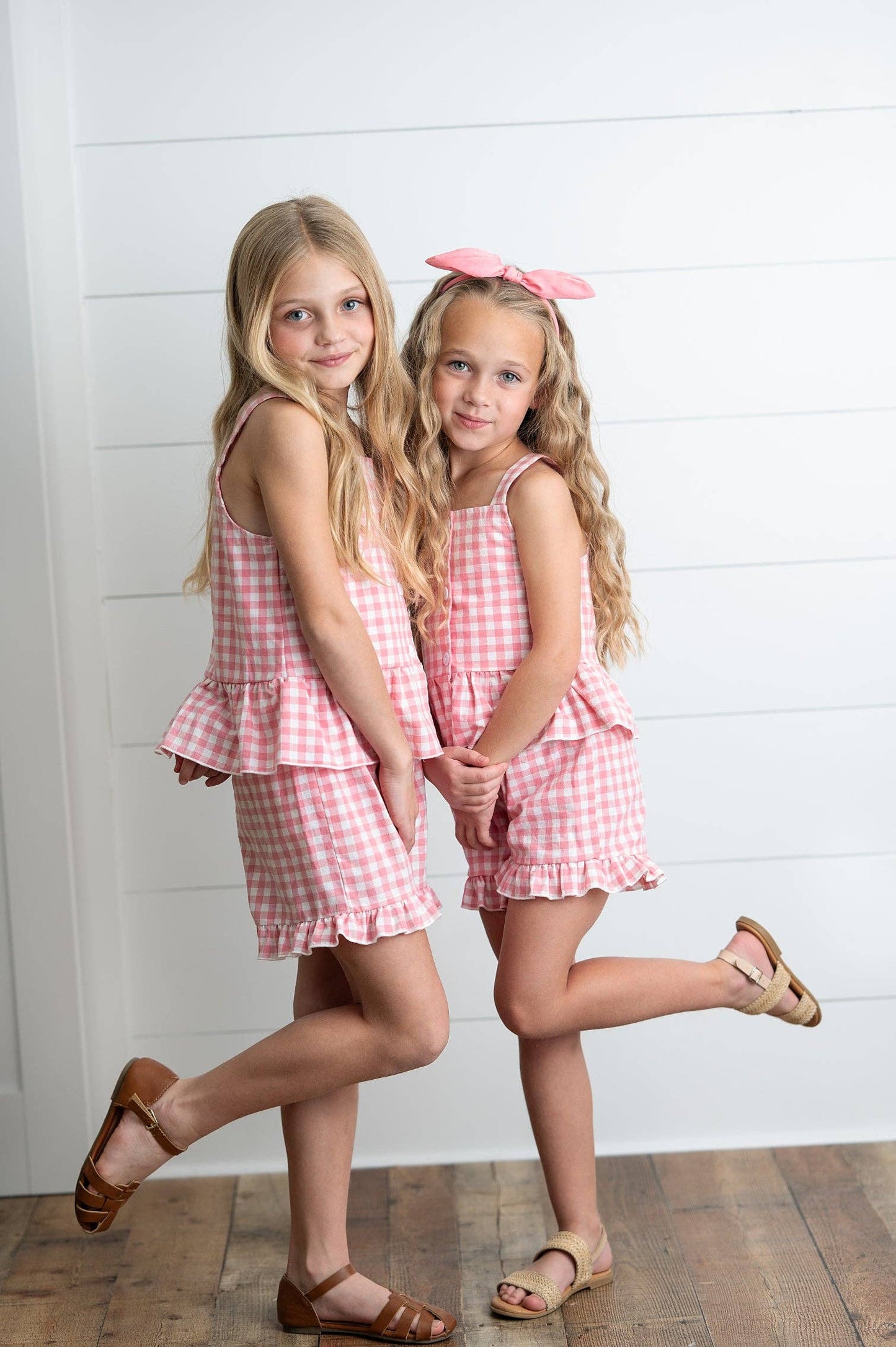 Kids Pink Check Gingham Ruffle Button Spring Short Set