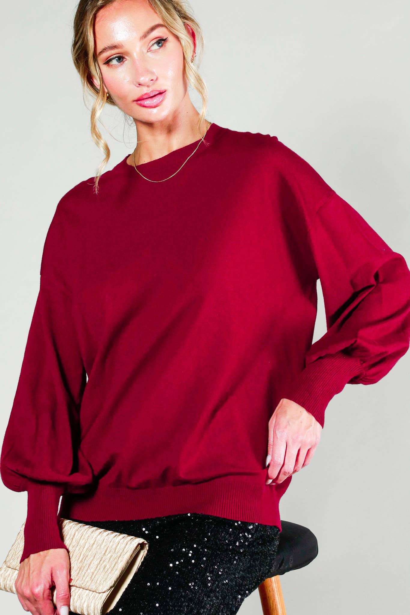 Crew Neck Balloon Long-Sleeve Knitted Sweater Top VT60387