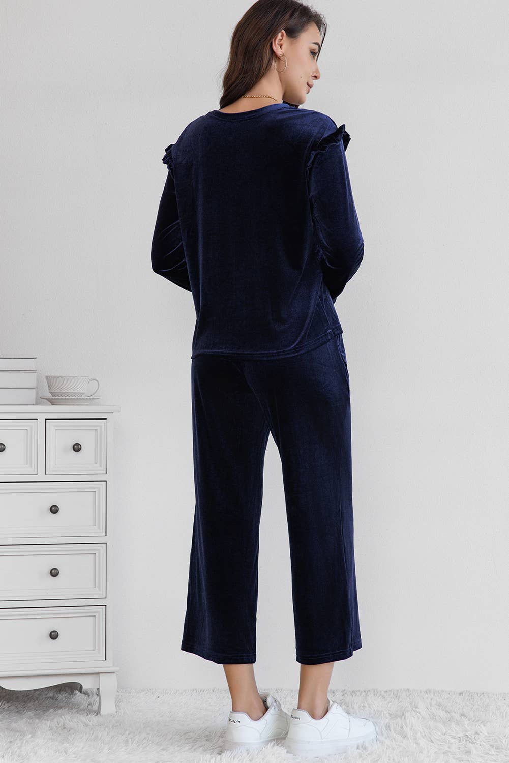 Solid Velvet Long Sleeve Top and High Waist Pants Set