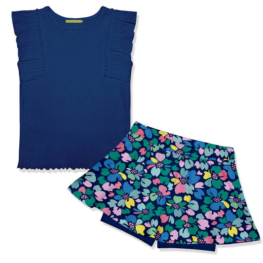 Girls Navy Ribbed Sleeveless Top & Block Floral Skort