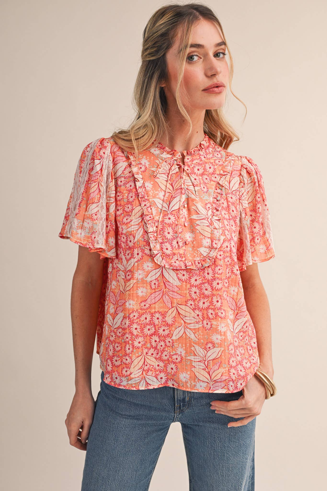 EXCLUSIVE FLORAL PRINT LACE TRIM TOP MTP4828