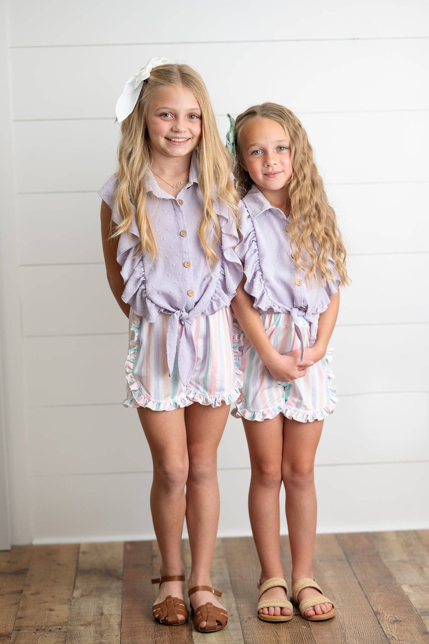 Kids Lavender Ruffle Top & Pastel Stripe Spring Short Set