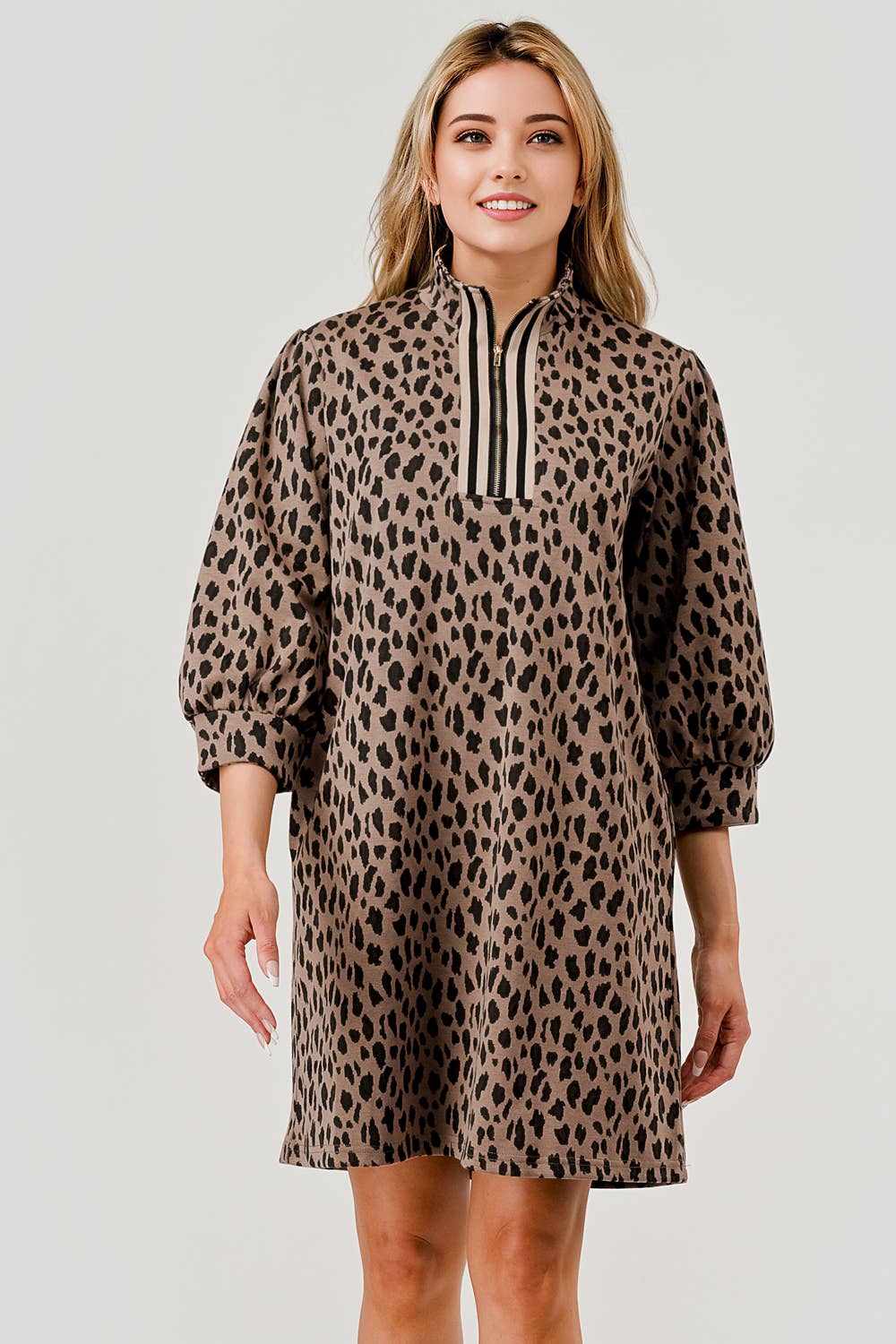 Mandy Leopard Print fabric Zipper Dress Brown